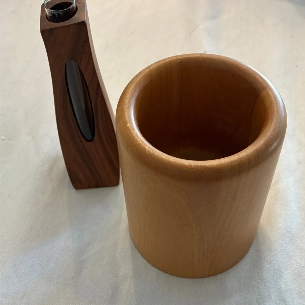 Elegant Wood Vases/Holder Set /2 Different Wood Vases Glass Insert Tube for bud